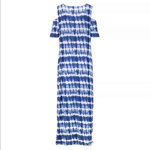 Design History blue and white tie dye maxi dress cold shoulder cut outs S